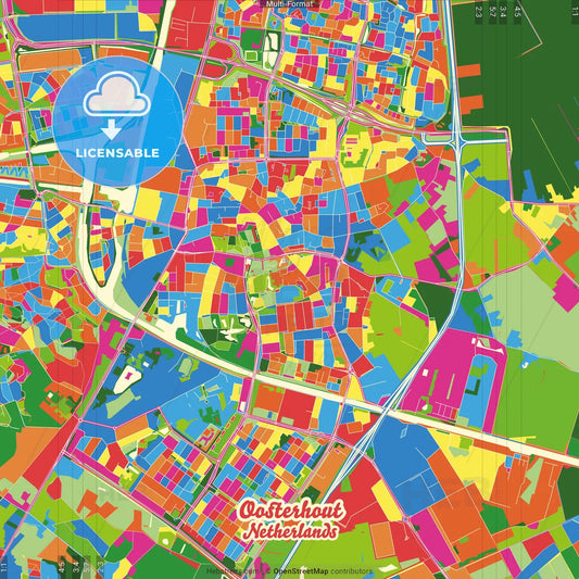 Oosterhout, North Brabant, Netherlands Crazy Colorful Street Map Poster Template