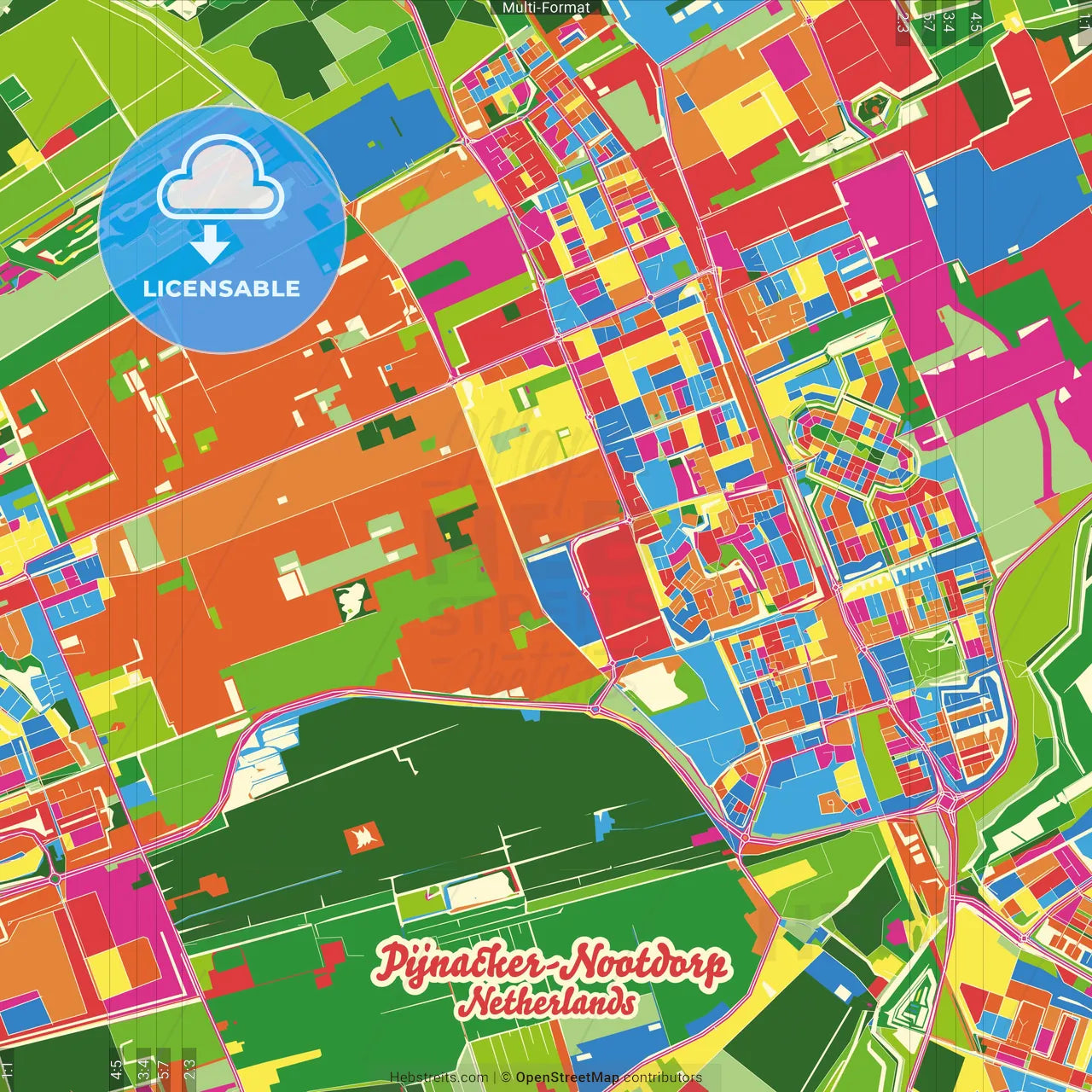 Pijnacker-Nootdorp, South Holland, Netherlands Crazy Colorful Street Map Poster Template