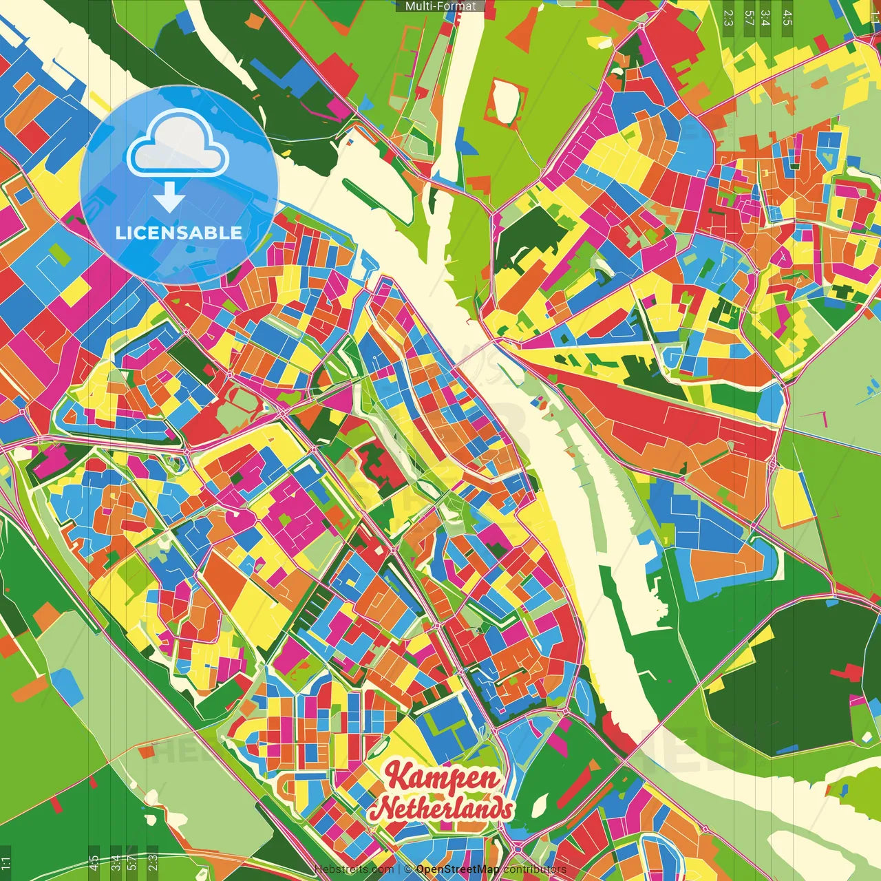 Kampen, Overijssel, Netherlands Crazy Colorful Street Map Poster Template