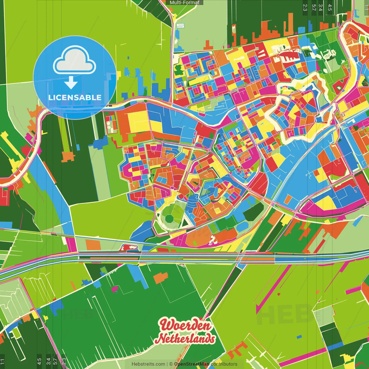 Woerden, Utrecht, Netherlands Crazy Colorful Street Map Poster Template