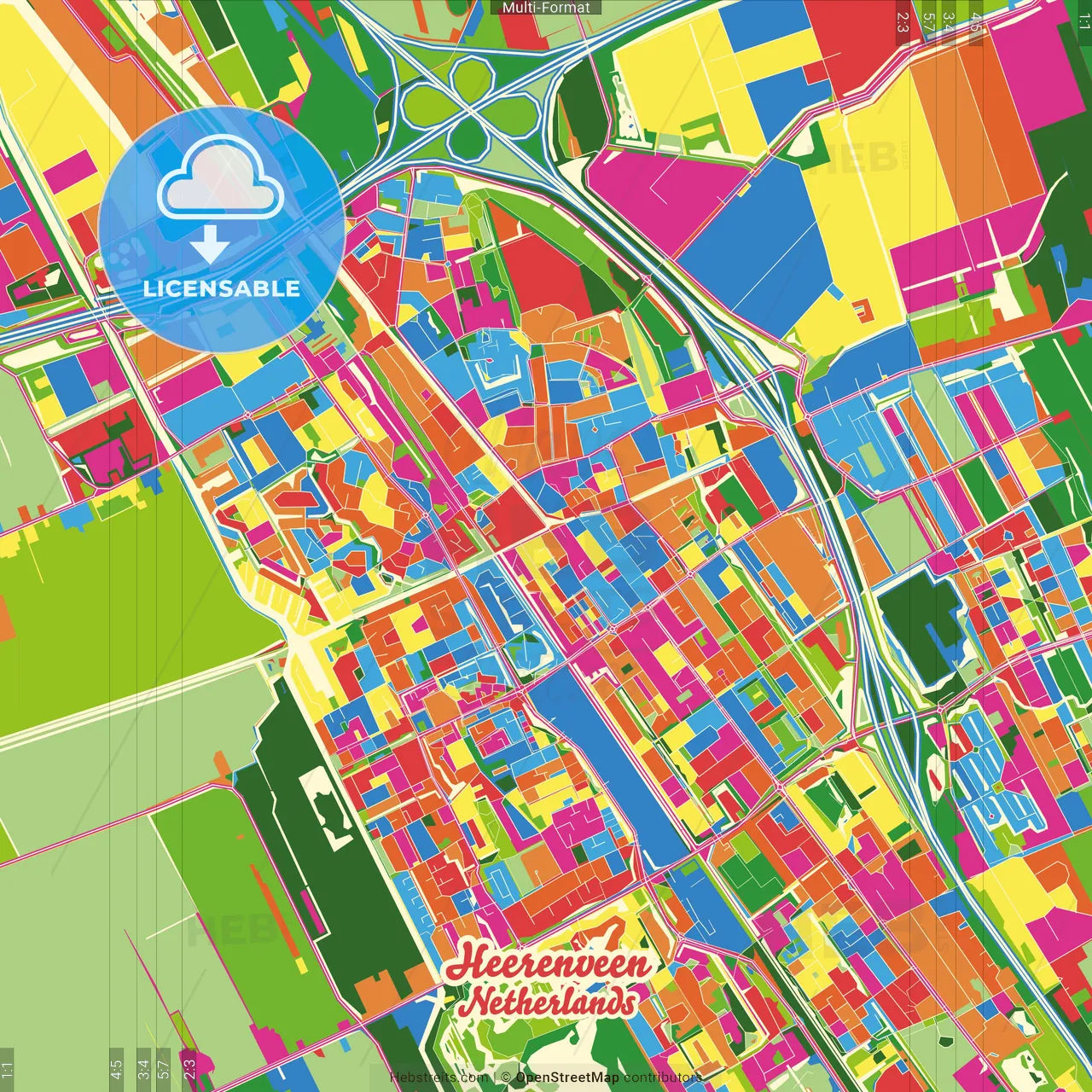 Heerenveen, Friesland, Netherlands Crazy Colorful Street Map Poster Template