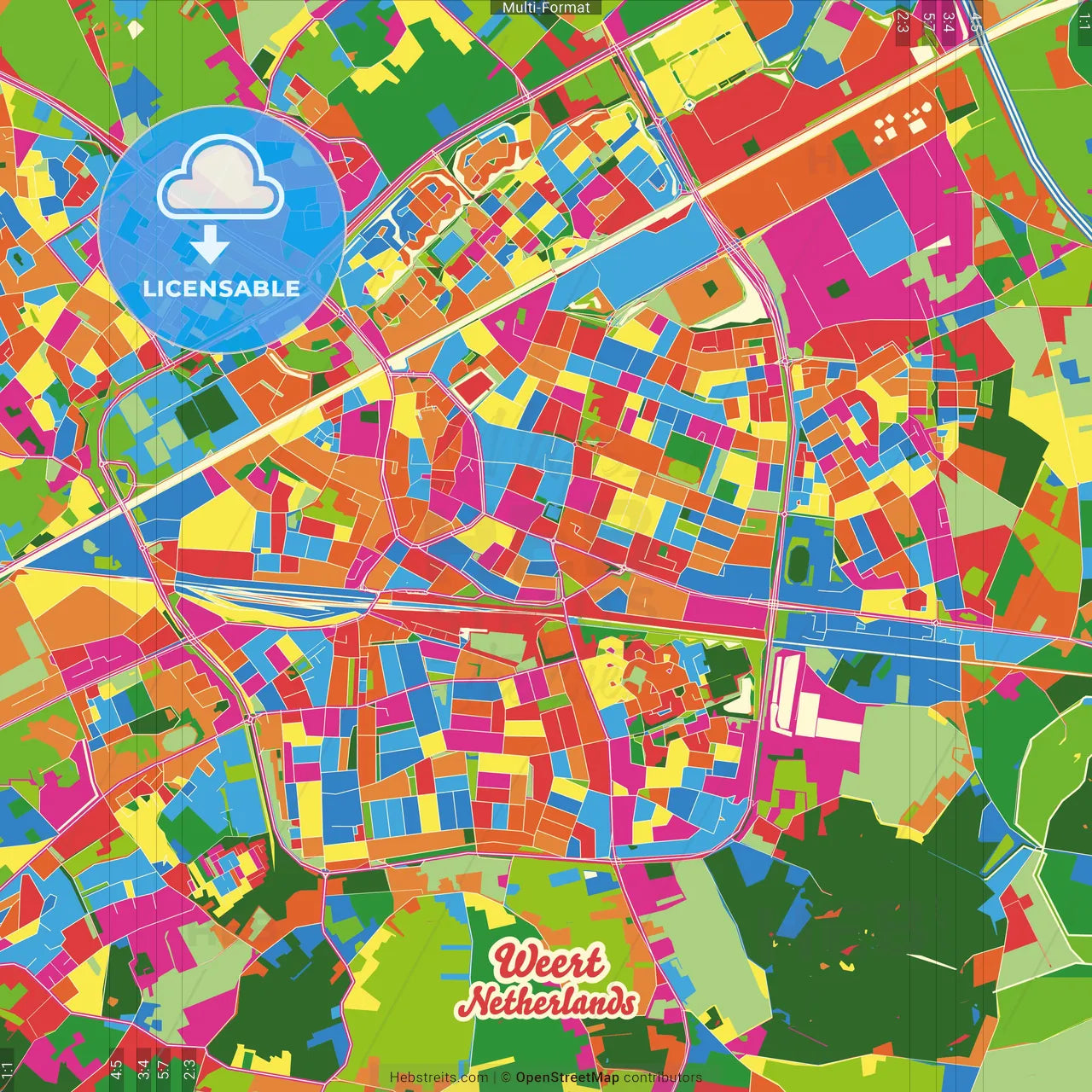 Weert, Limburg, Netherlands Crazy Colorful Street Map Poster Template