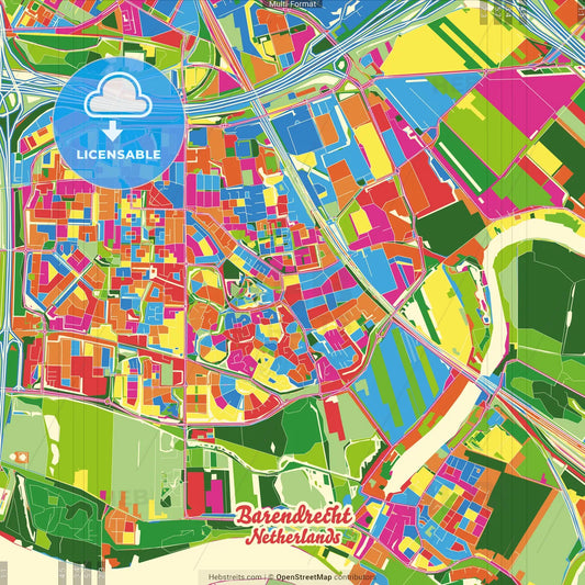 Barendrecht, South Holland, Netherlands Crazy Colorful Street Map Poster Template