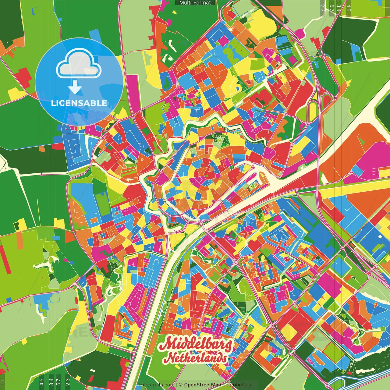 Middelburg, Zeeland, Netherlands Crazy Colorful Street Map Poster Template