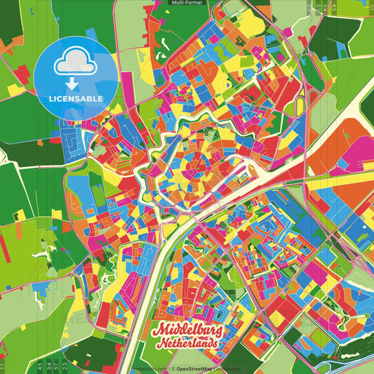 Middelburg, Zeeland, Netherlands Crazy Colorful Street Map Poster Template