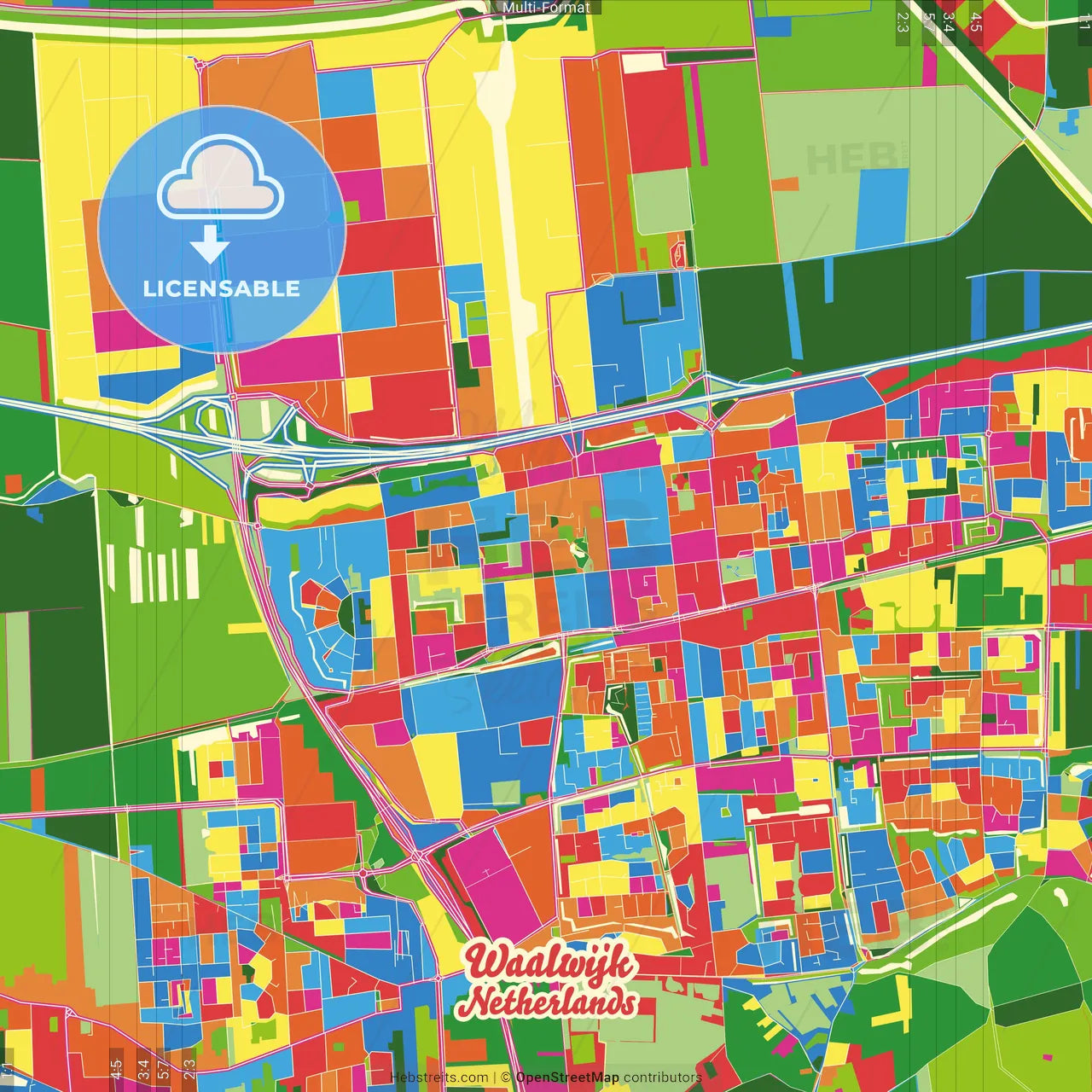 Waalwijk, North Brabant, Netherlands Crazy Colorful Street Map Poster Template