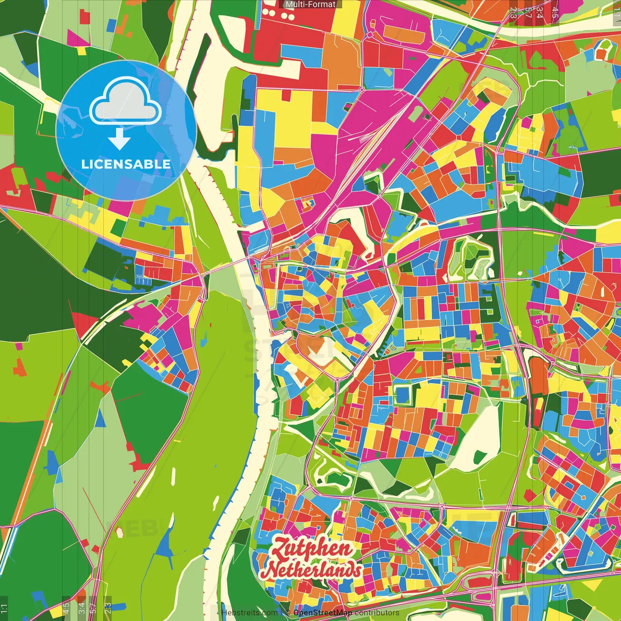 Zutphen, Gelderland, Netherlands Crazy Colorful Street Map Poster Template