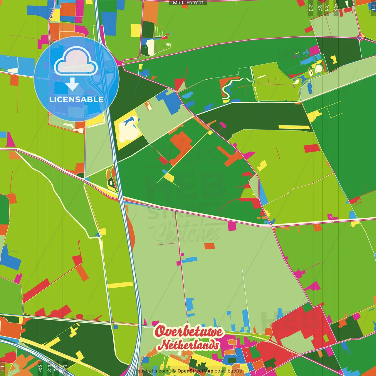Overbetuwe, Gelderland, Netherlands Crazy Colorful Street Map Poster Template