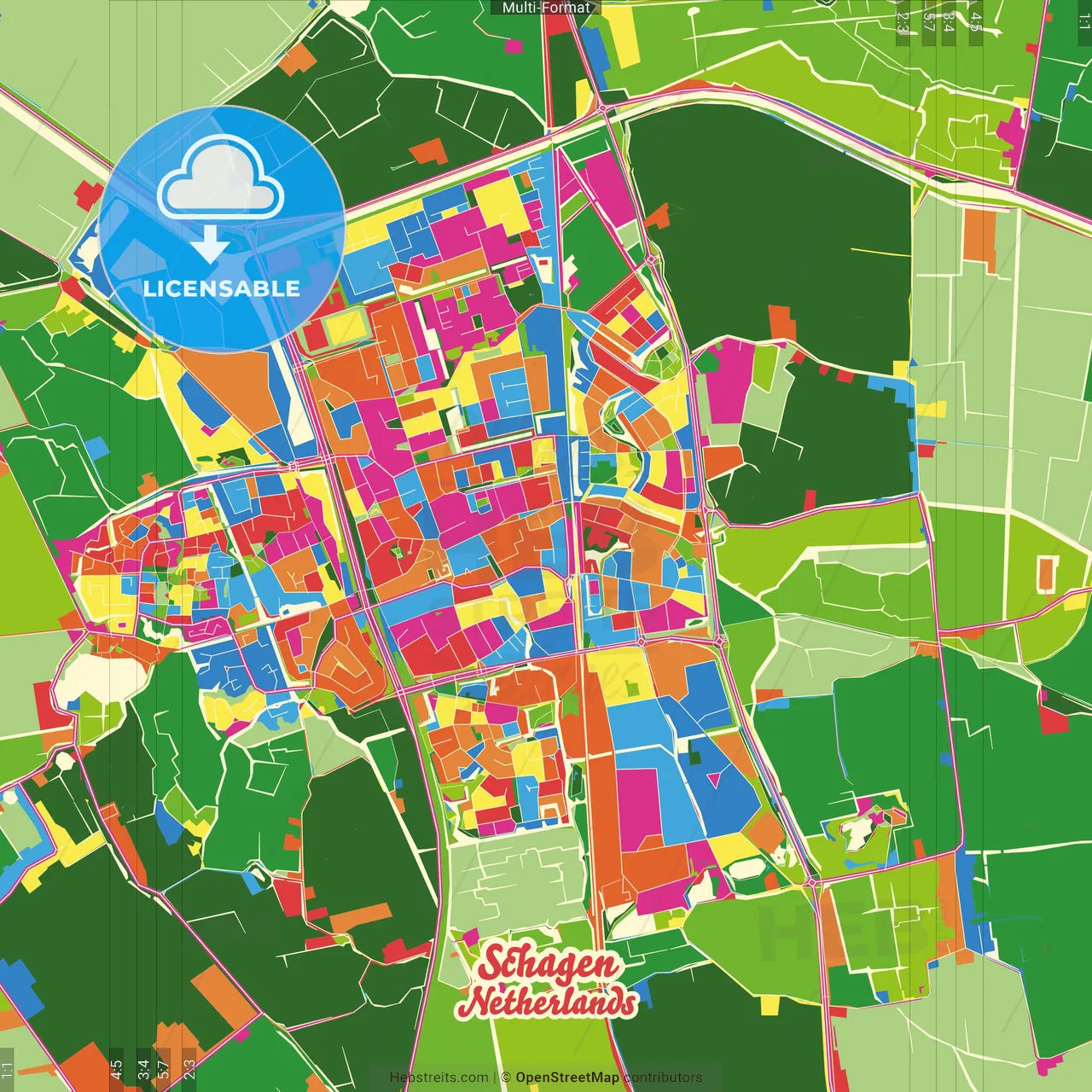 Schagen, North Holland, Netherlands Crazy Colorful Street Map Poster Template