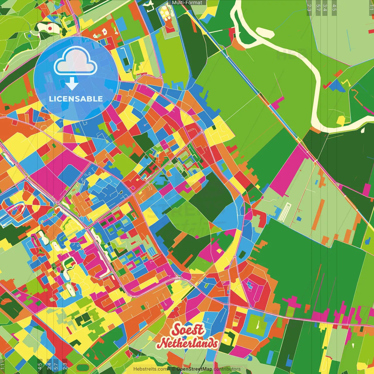 Soest, Utrecht, Netherlands Crazy Colorful Street Map Poster Template