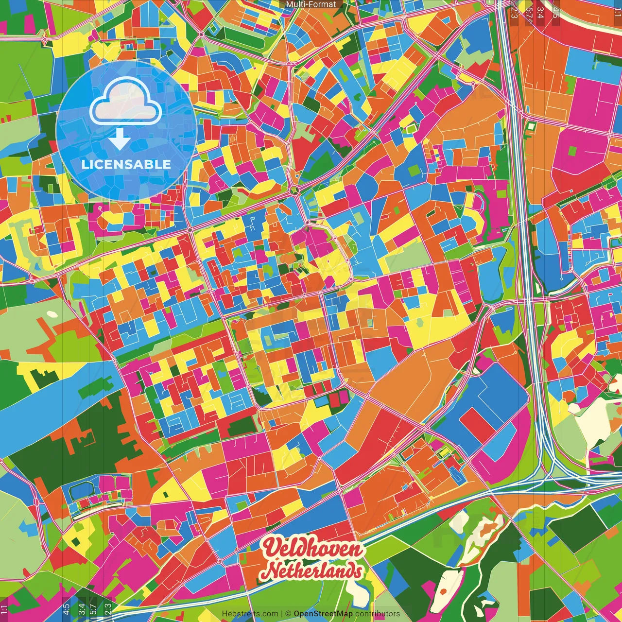 Veldhoven, North Brabant, Netherlands Crazy Colorful Street Map Poster Template