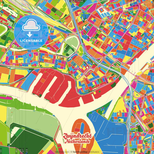 Zwijndrecht, South Holland, Netherlands Crazy Colorful Street Map Poster Template