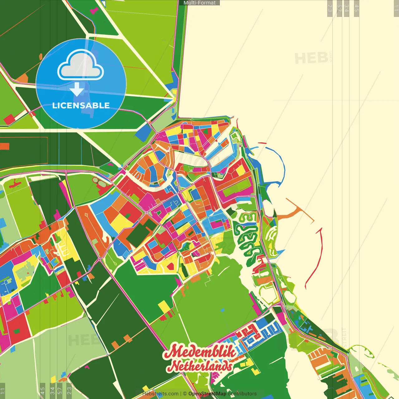 Medemblik, North Holland, Netherlands Crazy Colorful Street Map Poster Template