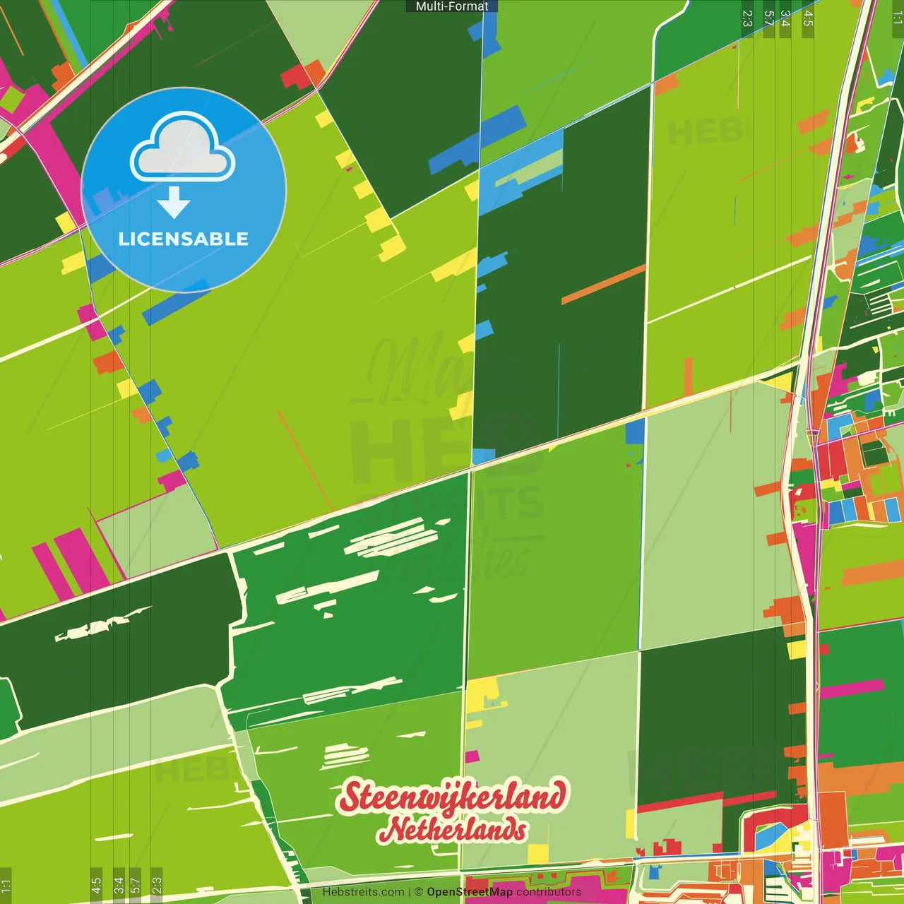 Steenwijkerland, Overijssel, Netherlands Crazy Colorful Street Map Poster Template
