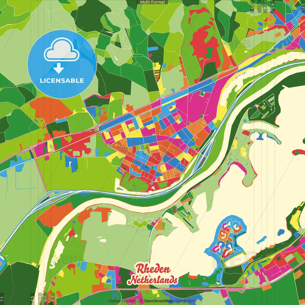Rheden, Gelderland, Netherlands Crazy Colorful Street Map Poster Template