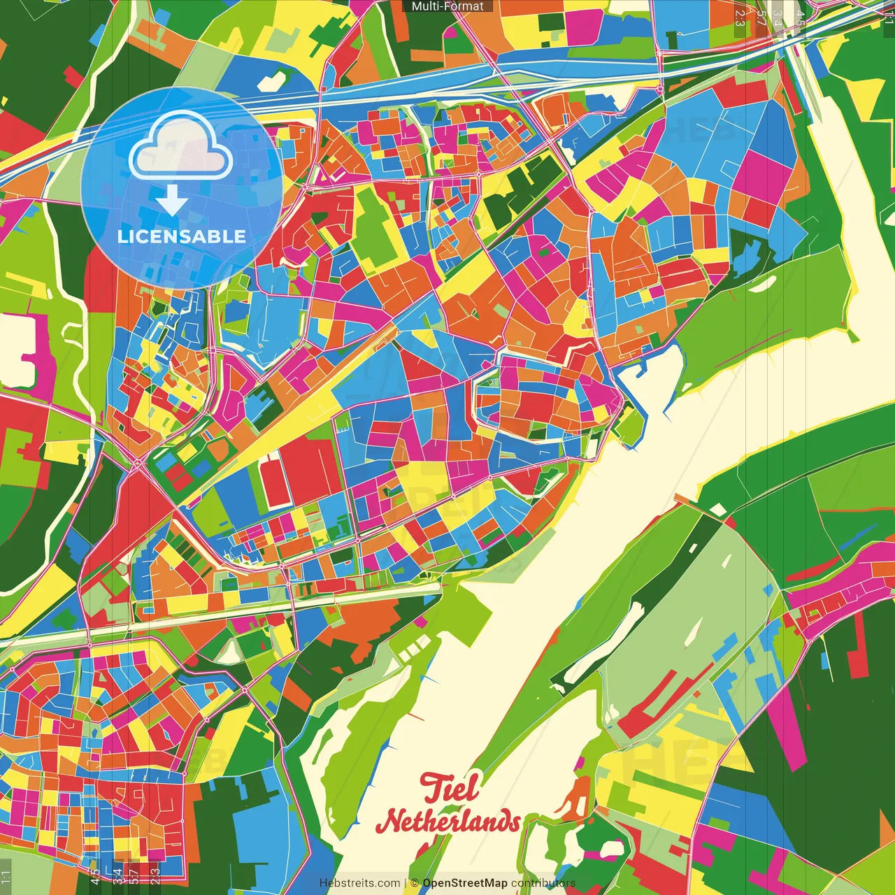 Tiel, Gelderland, Netherlands Crazy Colorful Street Map Poster Template