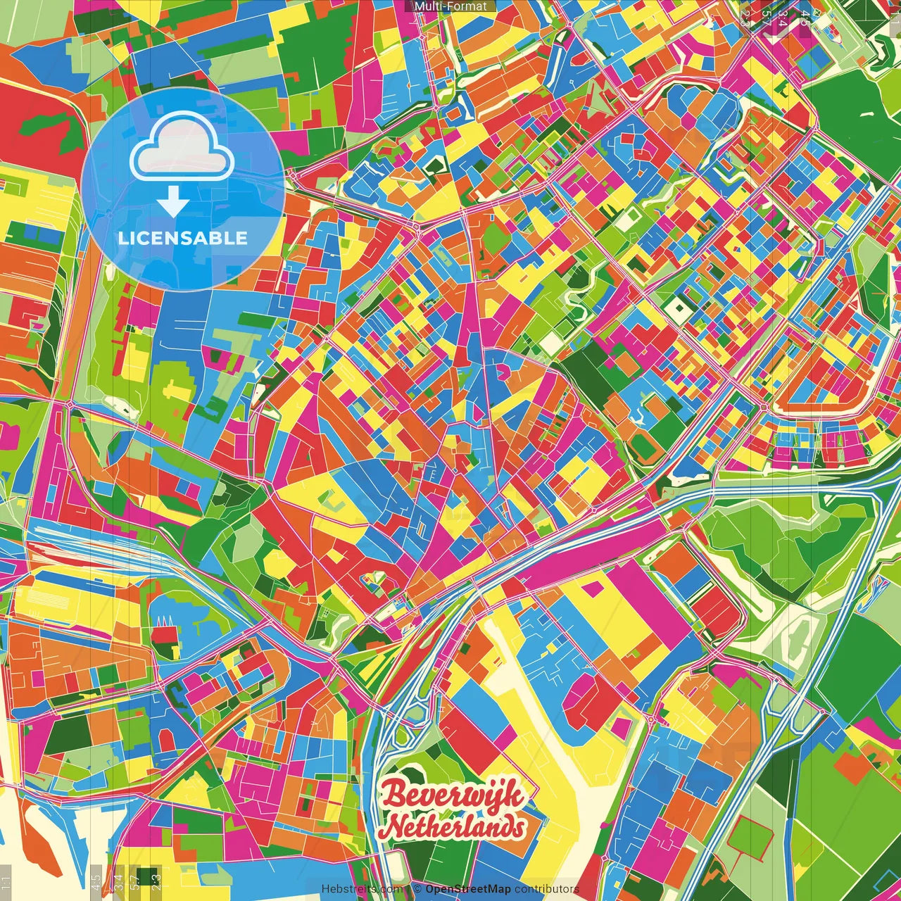 Beverwijk, North Holland, Netherlands Crazy Colorful Street Map Poster Template