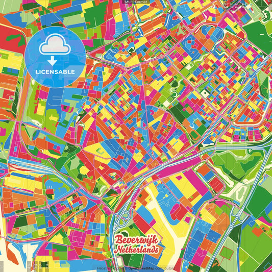 Beverwijk, North Holland, Netherlands Crazy Colorful Street Map Poster Template