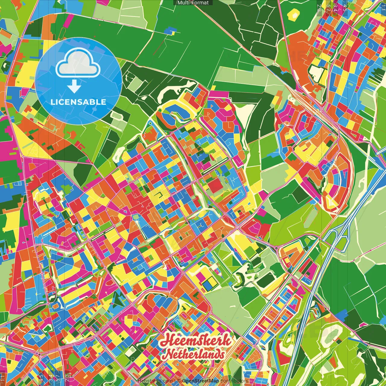 Heemskerk, North Holland, Netherlands Crazy Colorful Street Map Poster Template