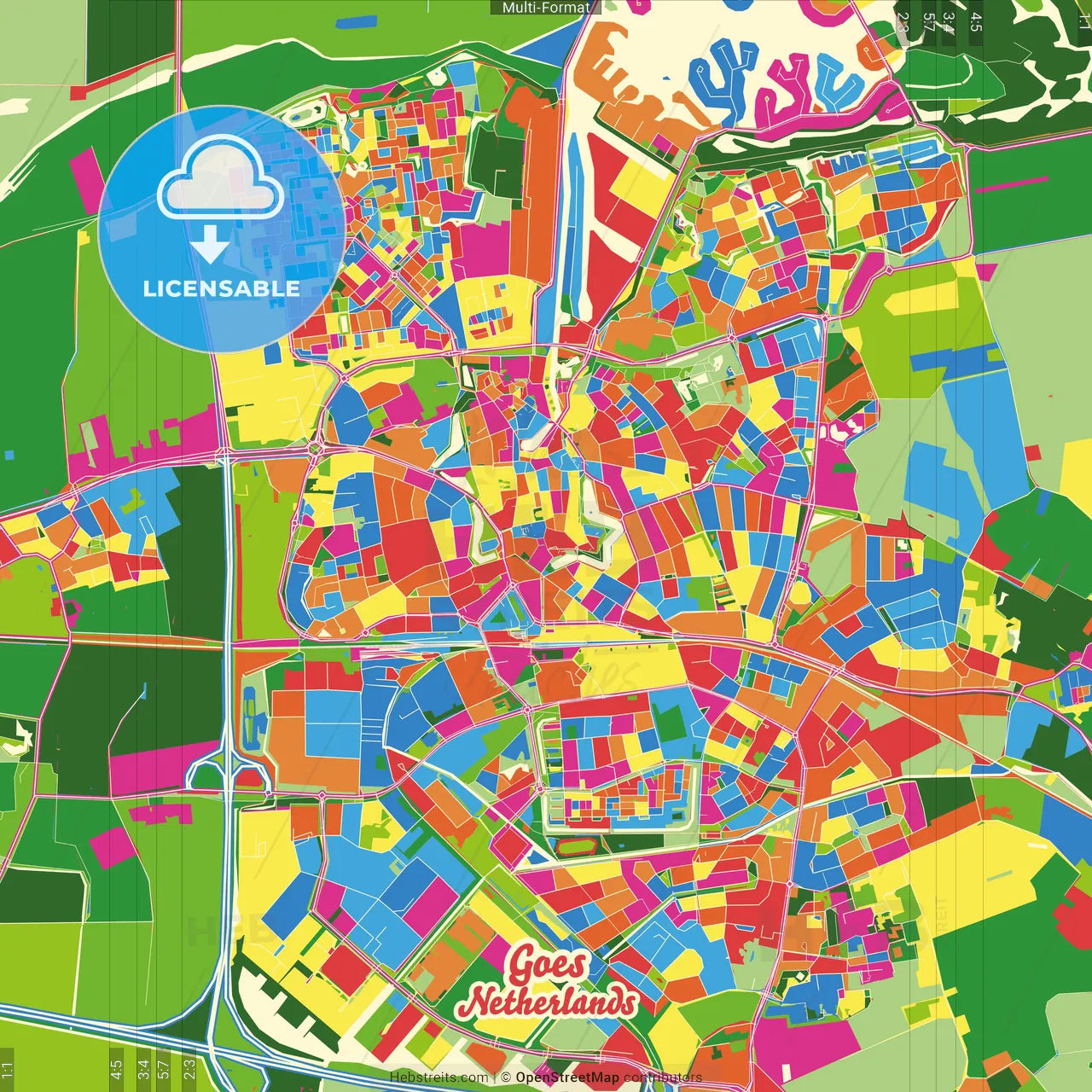 Goes, Zeeland, Netherlands Crazy Colorful Street Map Poster Template
