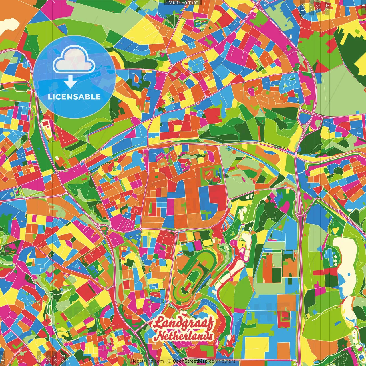 Landgraaf, Limburg, Netherlands Crazy Colorful Street Map Poster Template