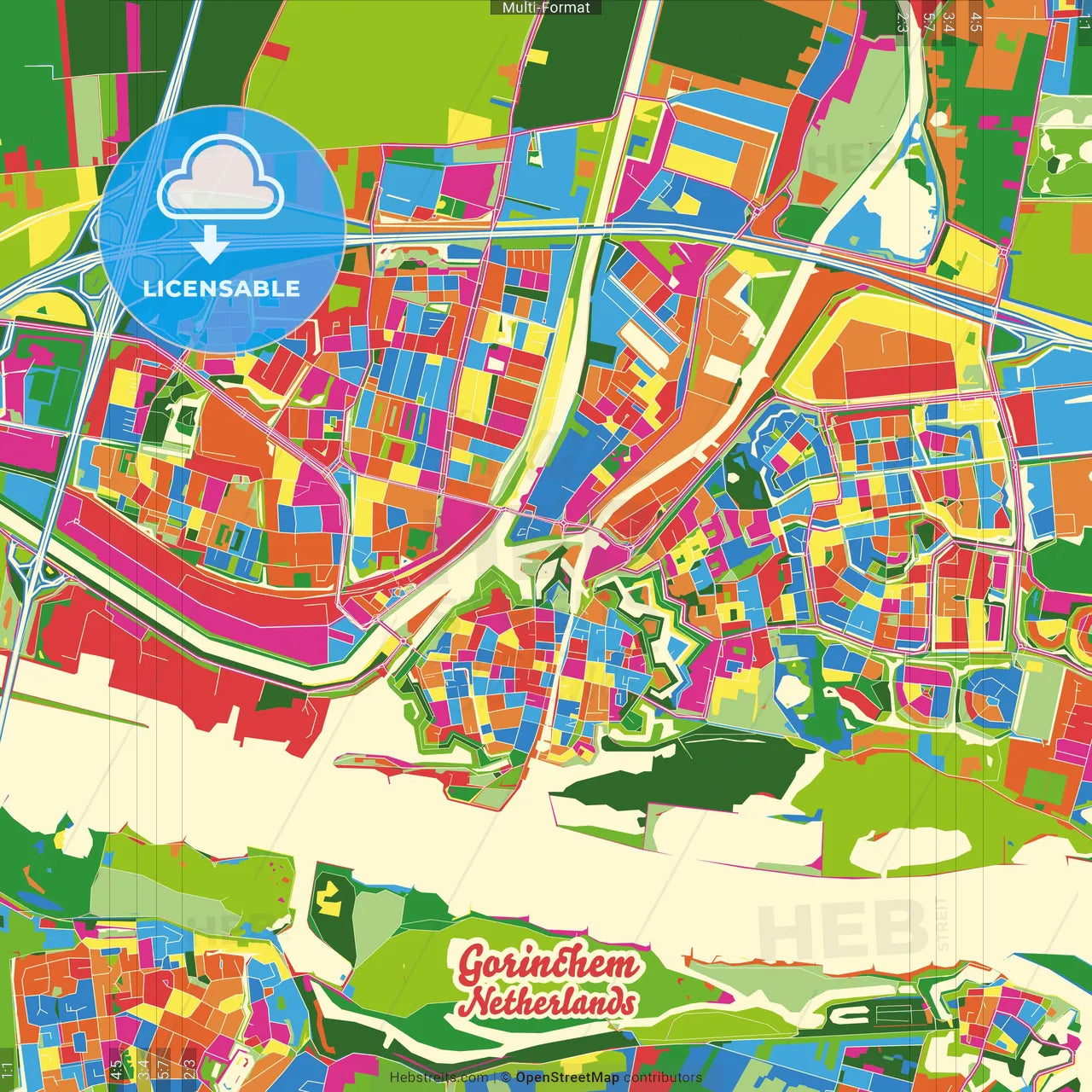 Gorinchem, South Holland, Netherlands Crazy Colorful Street Map Poster Template