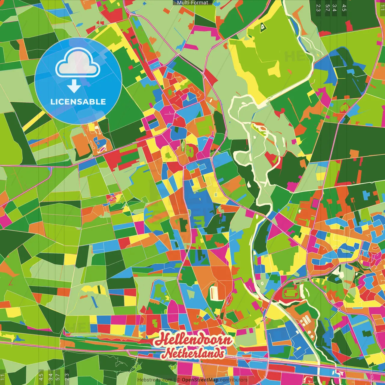 Hellendoorn, Overijssel, Netherlands Crazy Colorful Street Map Poster Template