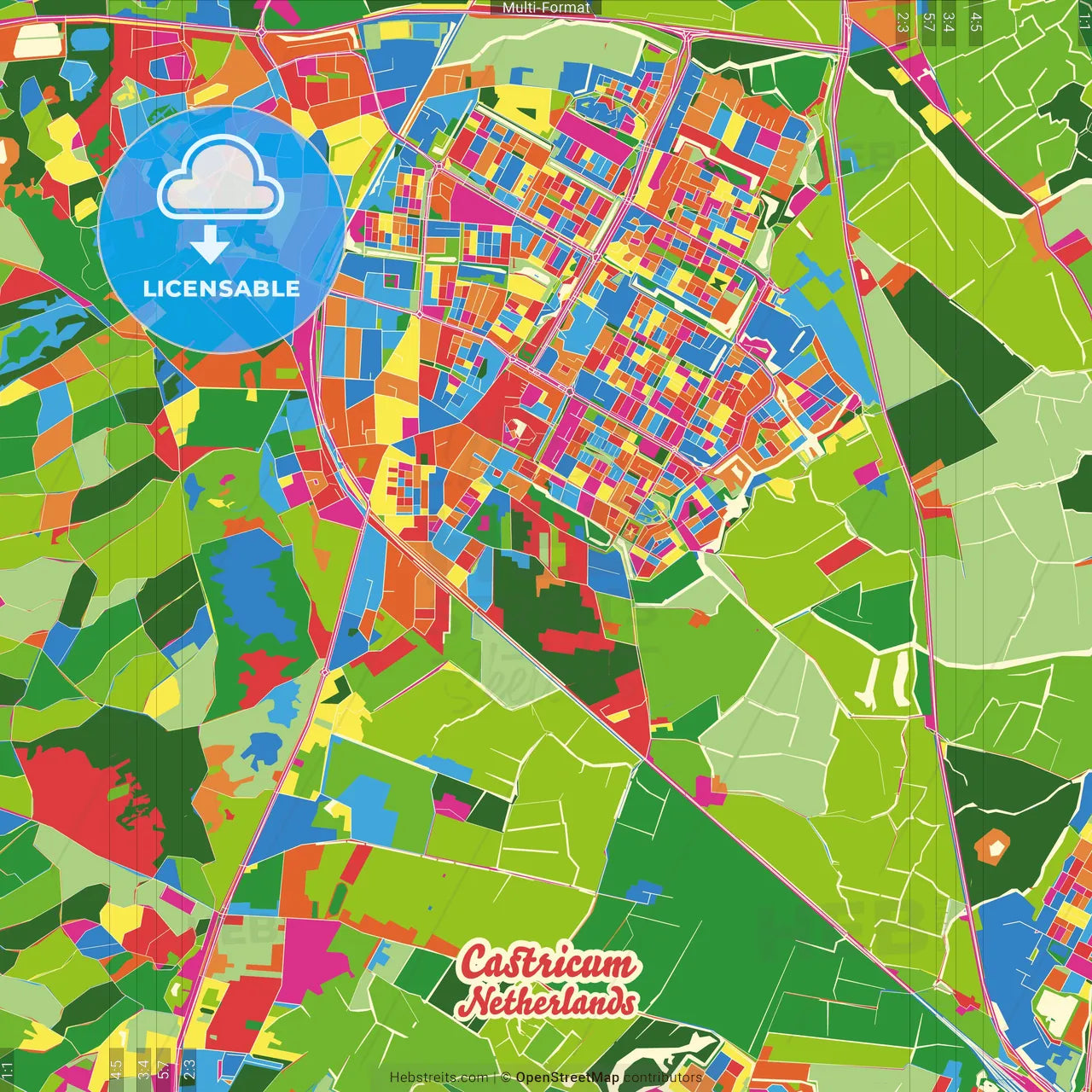 Castricum, North Holland, Netherlands Crazy Colorful Street Map Poster Template