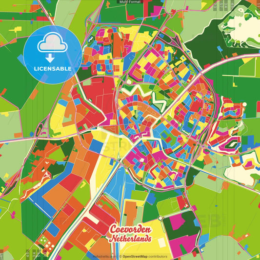 Coevorden, Drenthe, Netherlands Crazy Colorful Street Map Poster Template