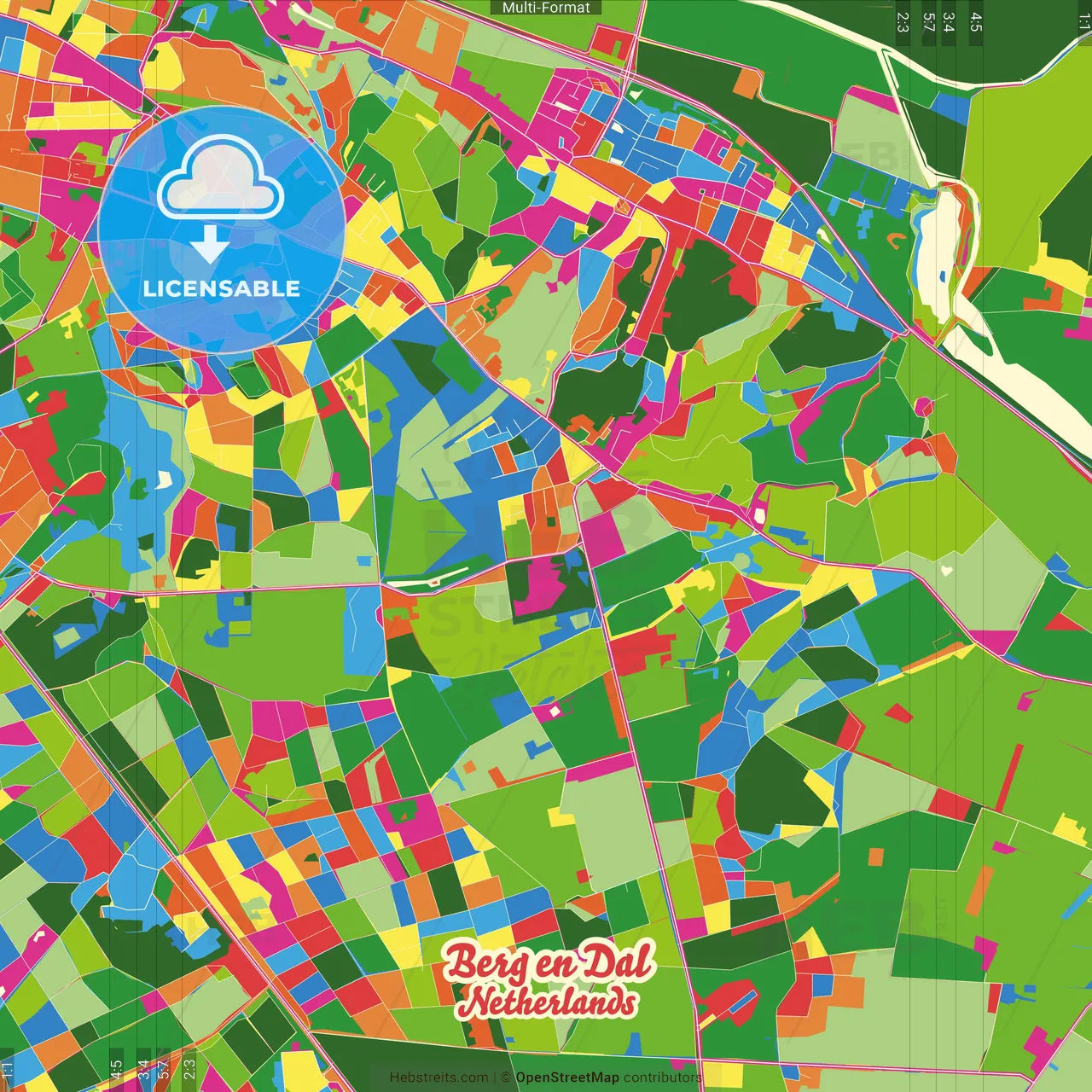 Berg en Dal, Gelderland, Netherlands Crazy Colorful Street Map Poster Template