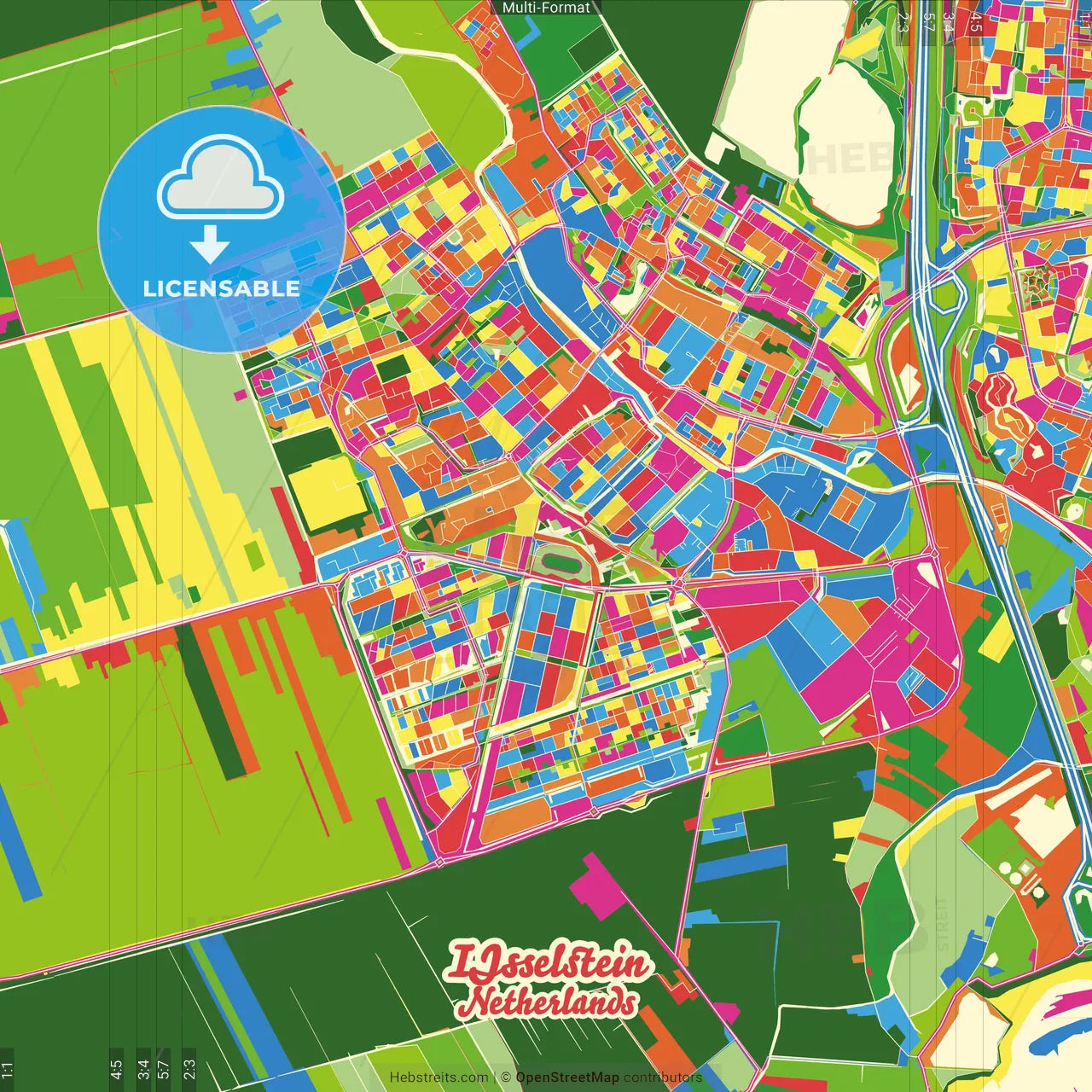 IJsselstein, Utrecht, Netherlands Crazy Colorful Street Map Poster Template