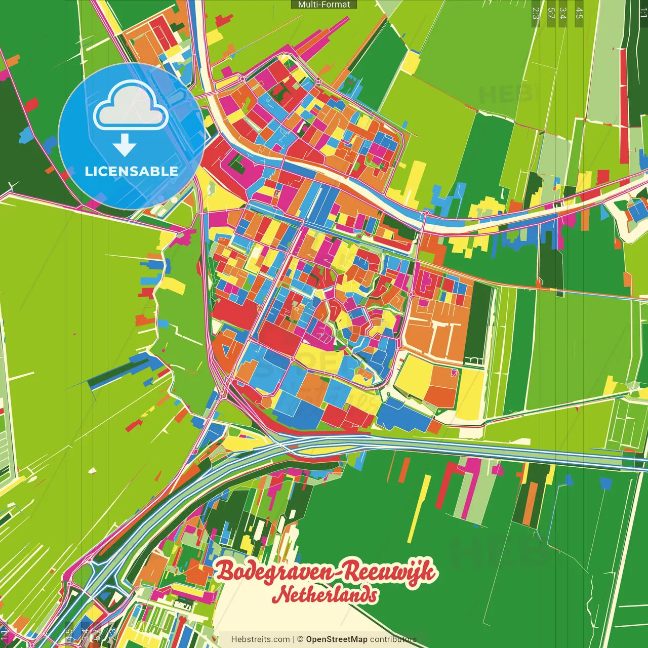 Bodegraven-Reeuwijk, South Holland, Netherlands Crazy Colorful Street Map Poster Template
