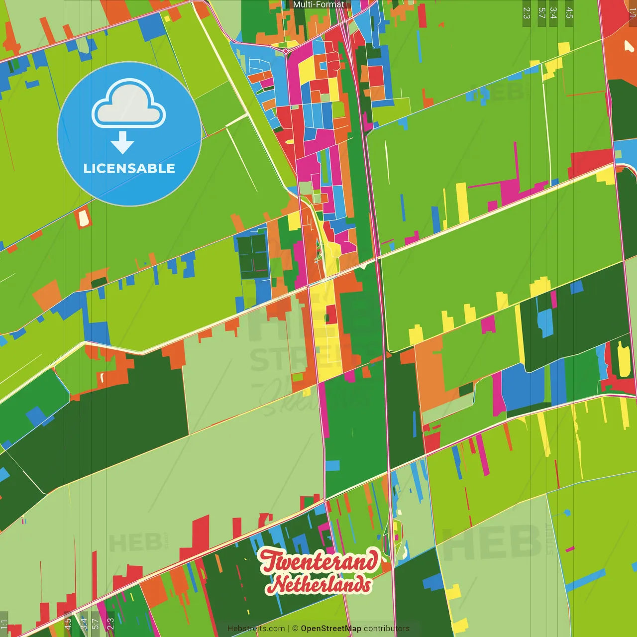 Twenterand, Overijssel, Netherlands Crazy Colorful Street Map Poster Template