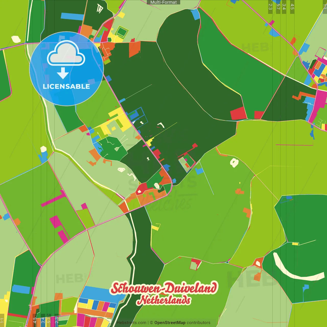 Schouwen-Duiveland, Zeeland, Netherlands Crazy Colorful Street Map Poster Template