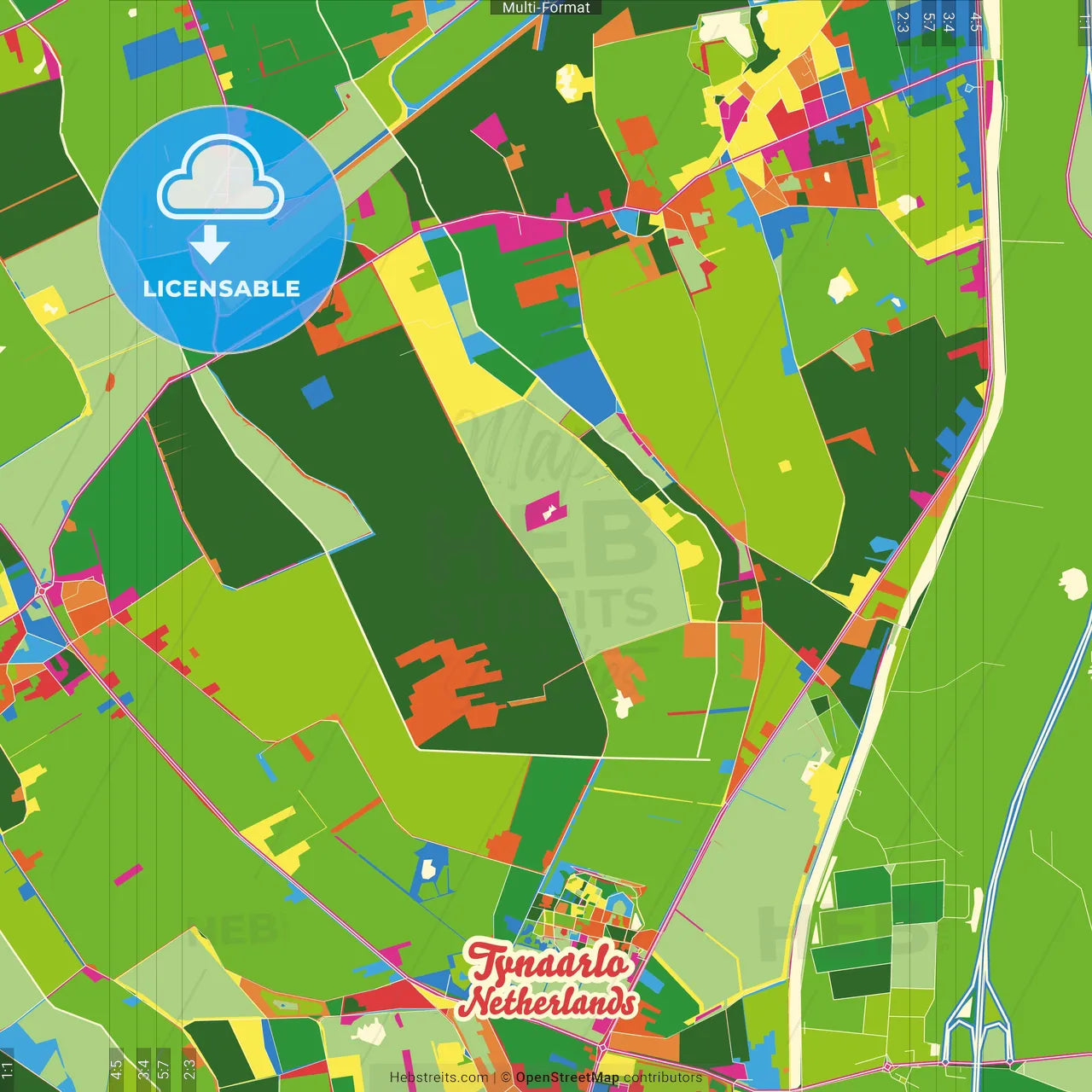 Tynaarlo, Drenthe, Netherlands Crazy Colorful Street Map Poster Template