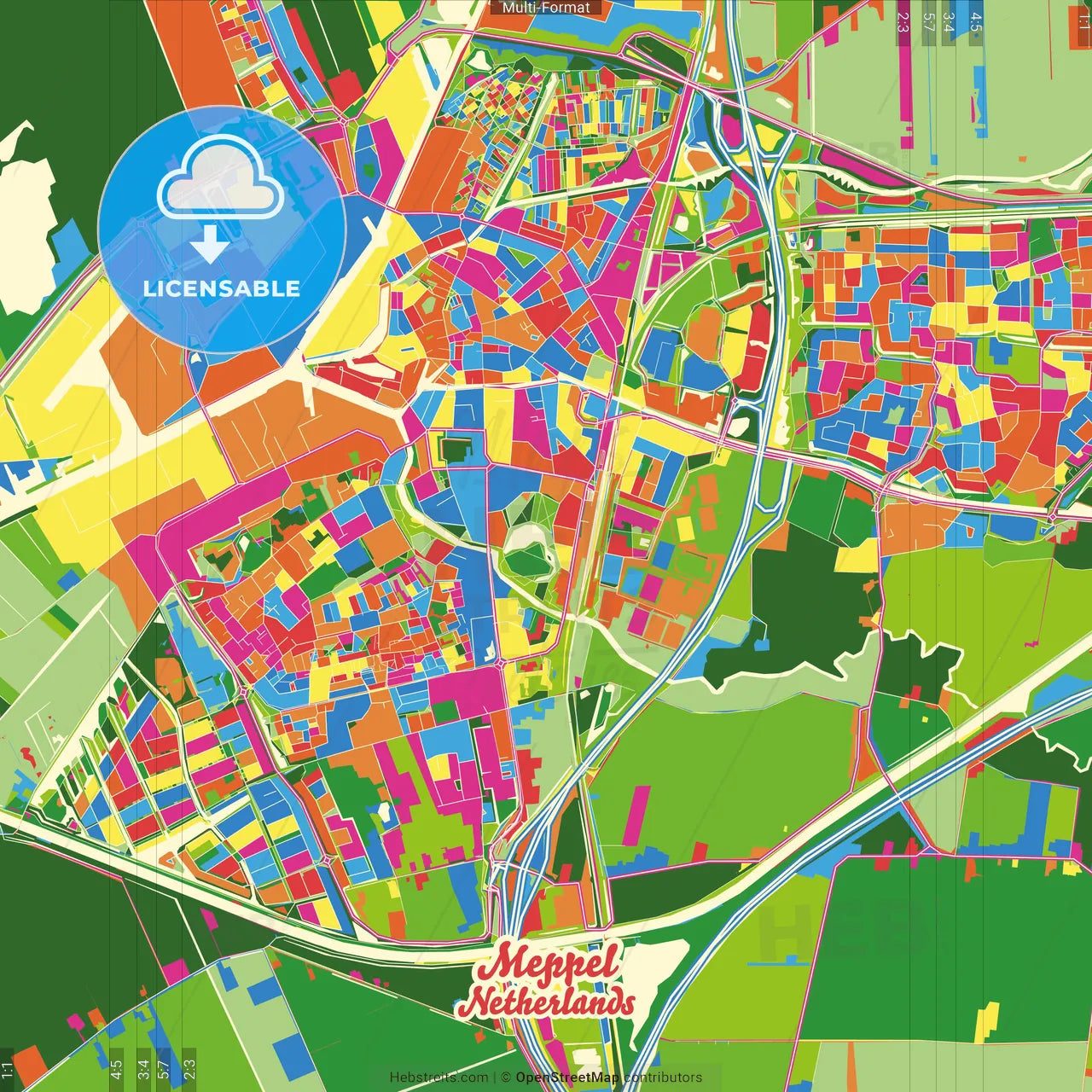 Meppel, Drenthe, Netherlands Crazy Colorful Street Map Poster Template