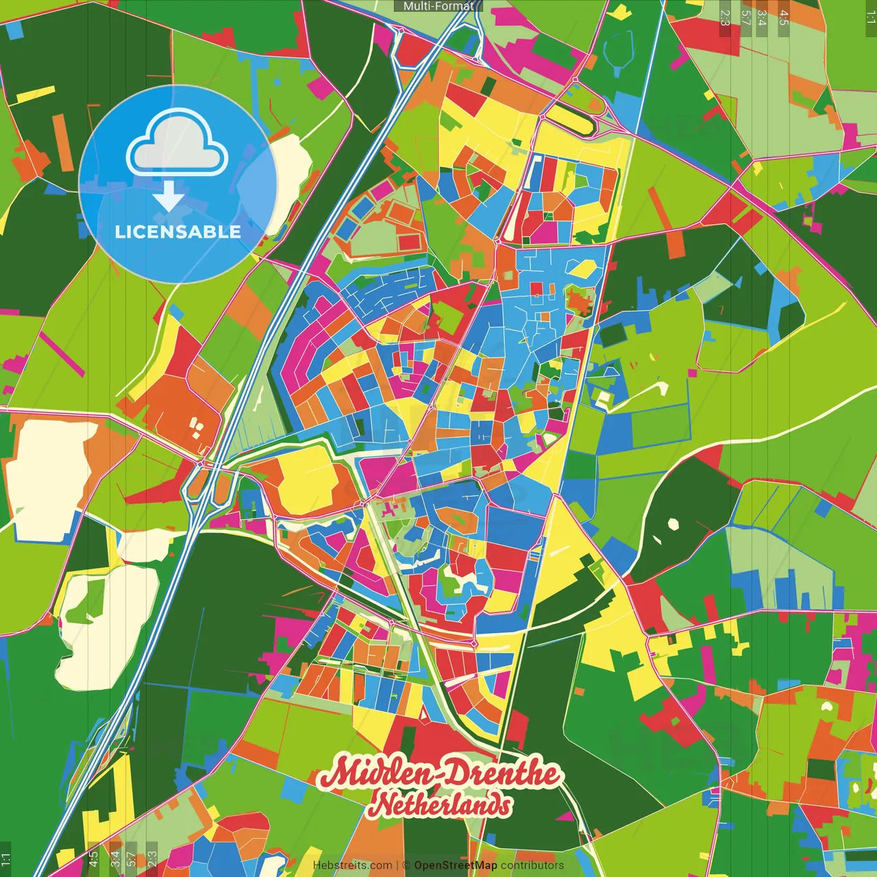 Midden-Drenthe, Drenthe, Netherlands Crazy Colorful Street Map Poster Template