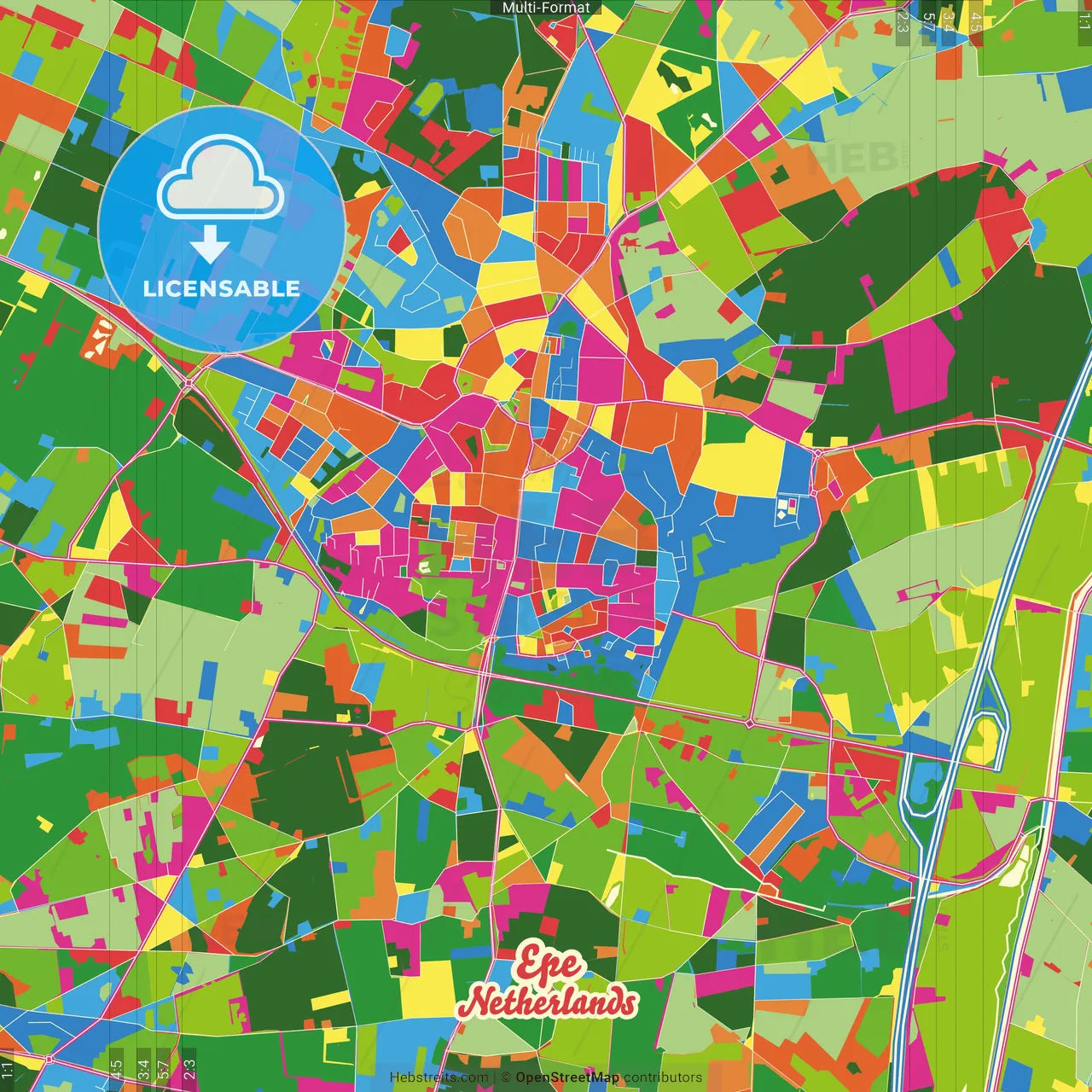 Epe, Gelderland, Netherlands Crazy Colorful Street Map Poster Template