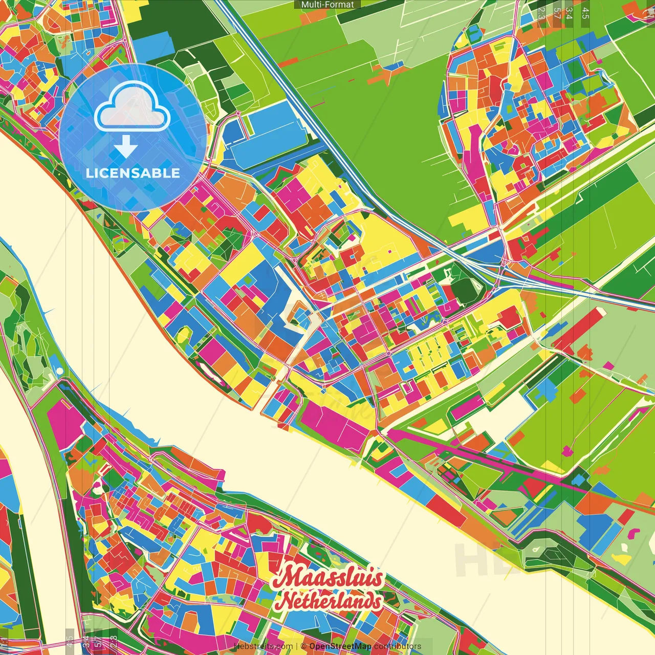 Maassluis, South Holland, Netherlands Crazy Colorful Street Map Poster Template