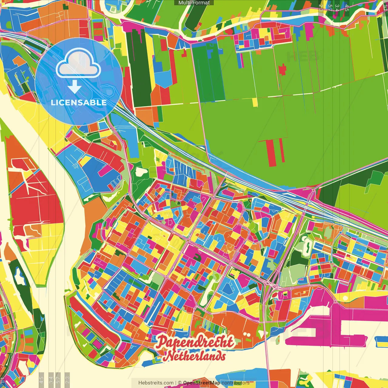 Papendrecht, South Holland, Netherlands Crazy Colorful Street Map Poster Template