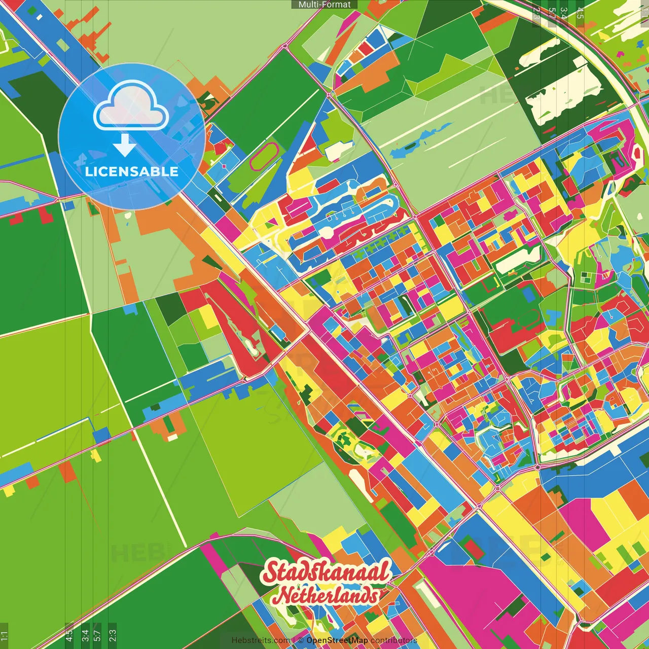 Stadskanaal, Groningen, Netherlands Crazy Colorful Street Map Poster Template