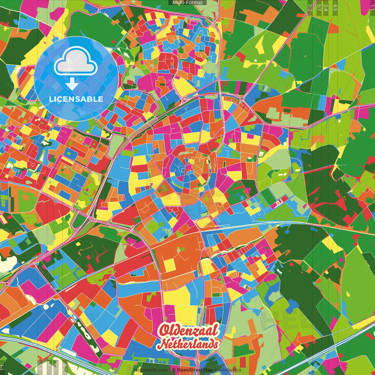 Oldenzaal, Overijssel, Netherlands Crazy Colorful Street Map Poster Template
