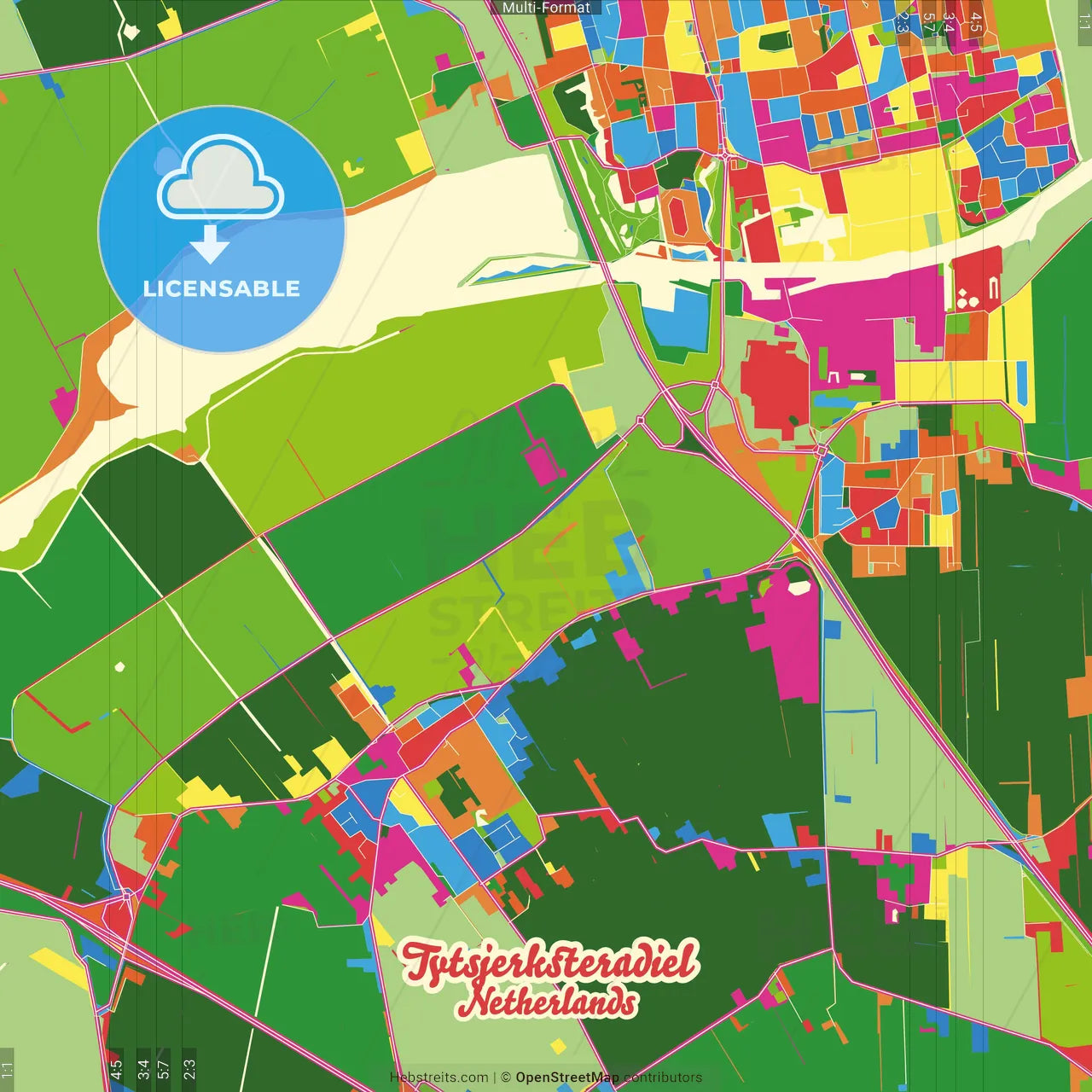 Tytsjerksteradiel, Friesland, Netherlands Crazy Colorful Street Map Poster Template