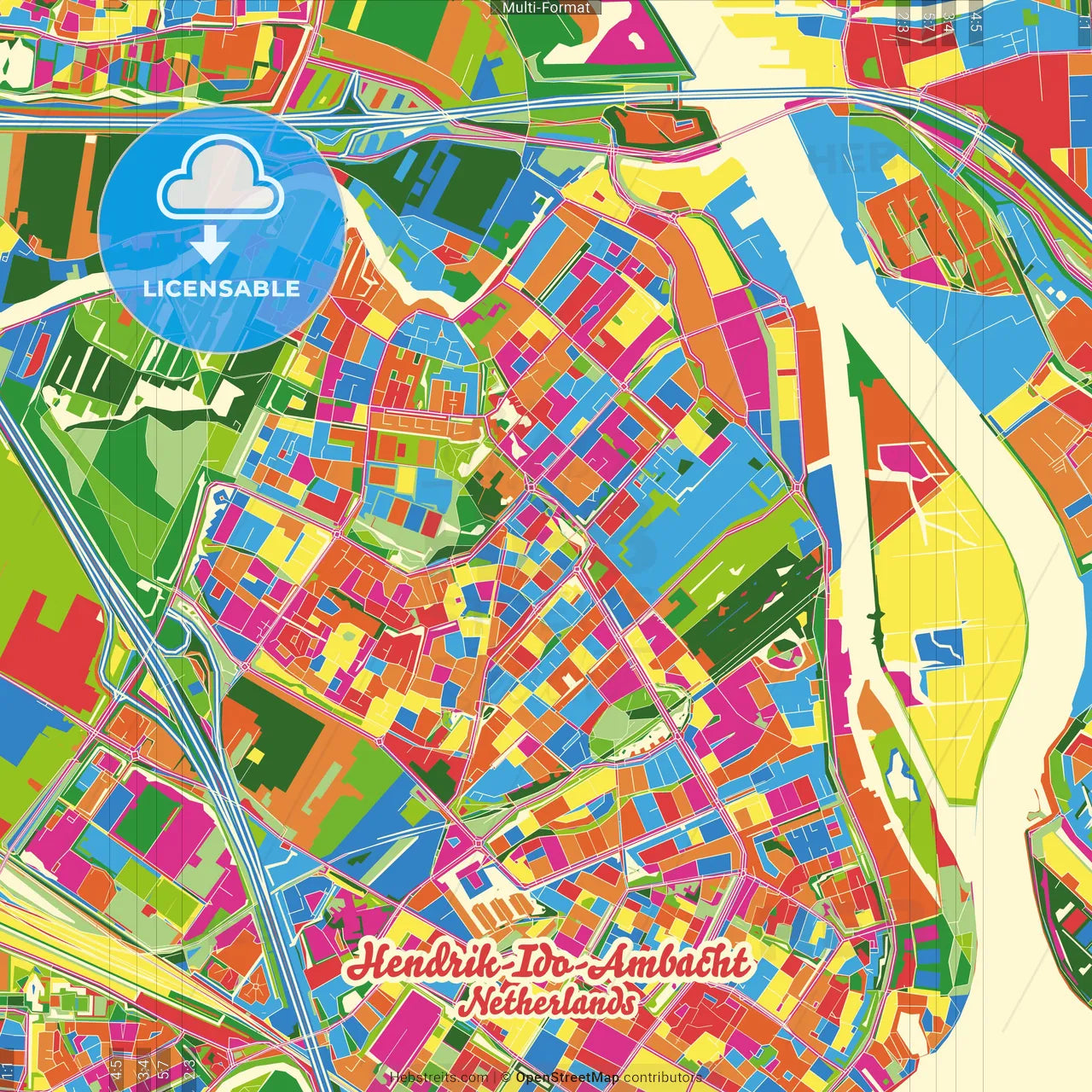Hendrik-Ido-Ambacht, South Holland, Netherlands Crazy Colorful Street Map Poster Template