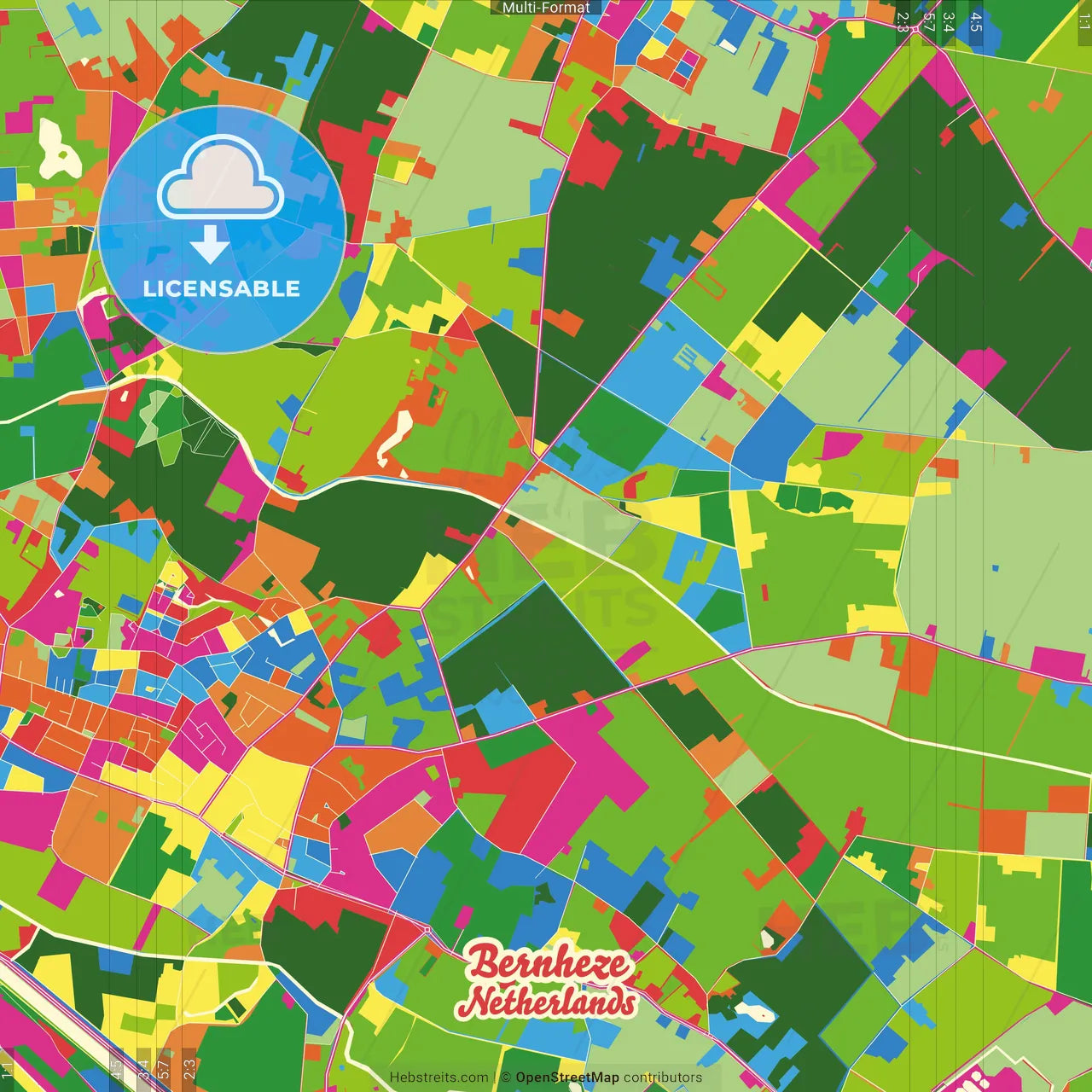 Bernheze, North Brabant, Netherlands Crazy Colorful Street Map Poster Template