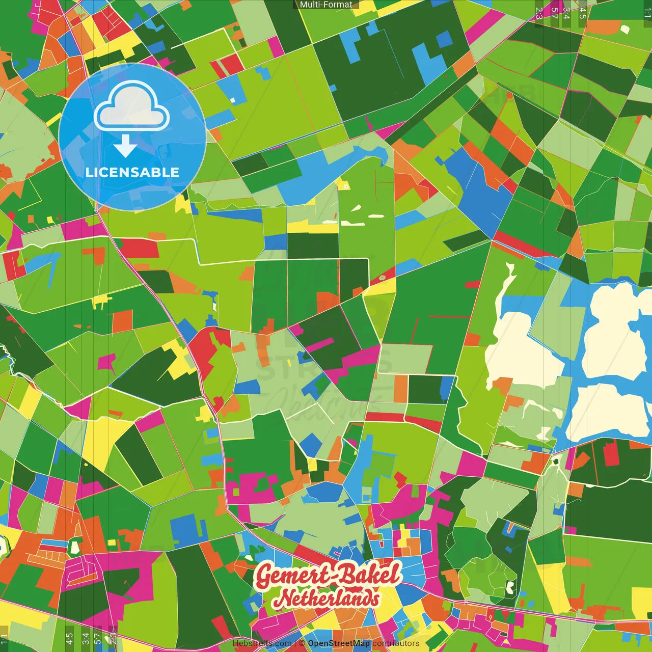 Gemert-Bakel, North Brabant, Netherlands Crazy Colorful Street Map Poster Template