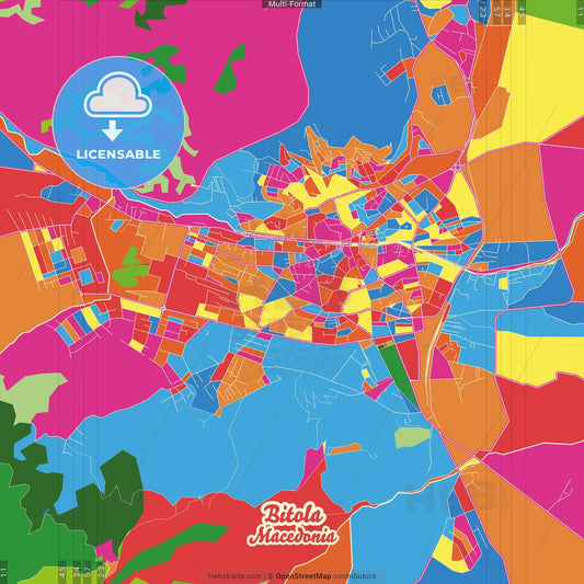 Bitola, North Macedonia Crazy Colorful Street Map Poster Template