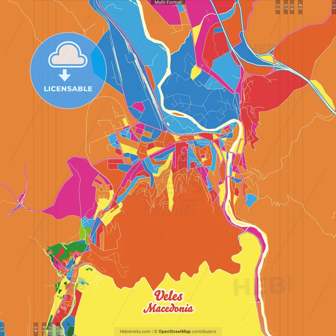 Veles, North Macedonia Crazy Colorful Street Map Poster Template