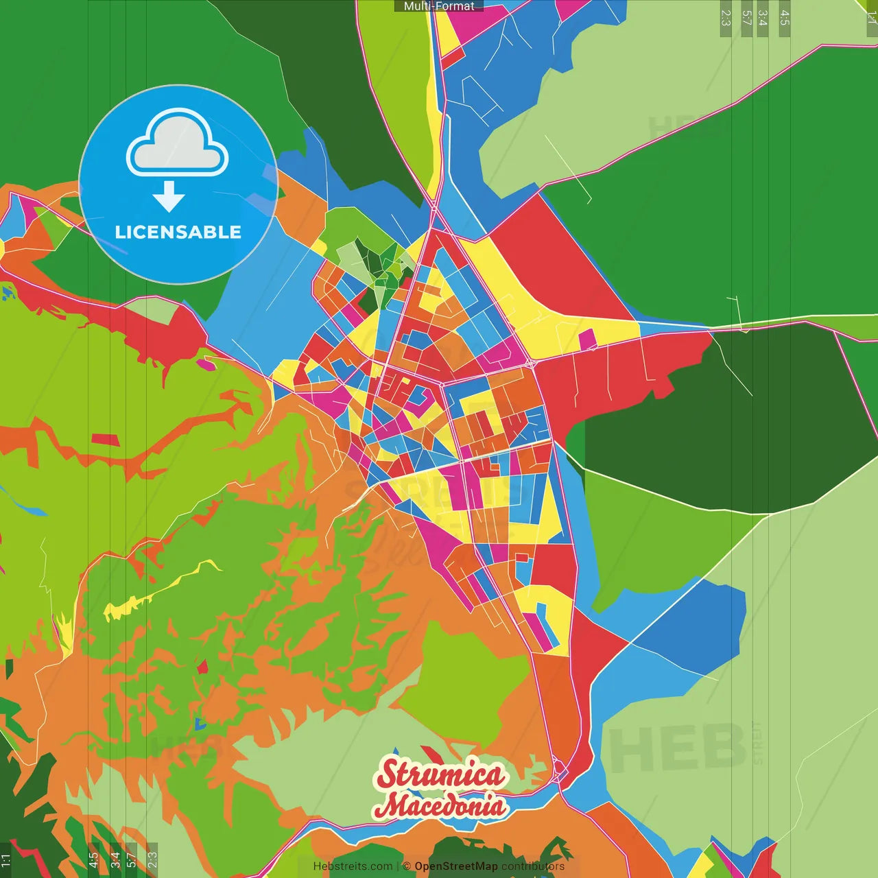 Strumica, North Macedonia Crazy Colorful Street Map Poster Template