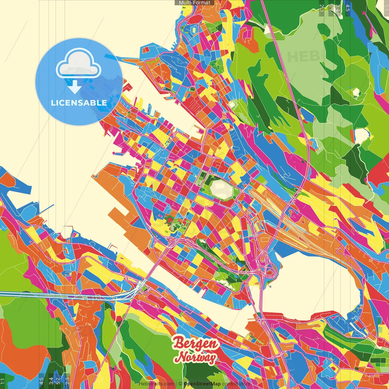 Bergen, Hordaland, Norway Crazy Colorful Street Map Poster Template